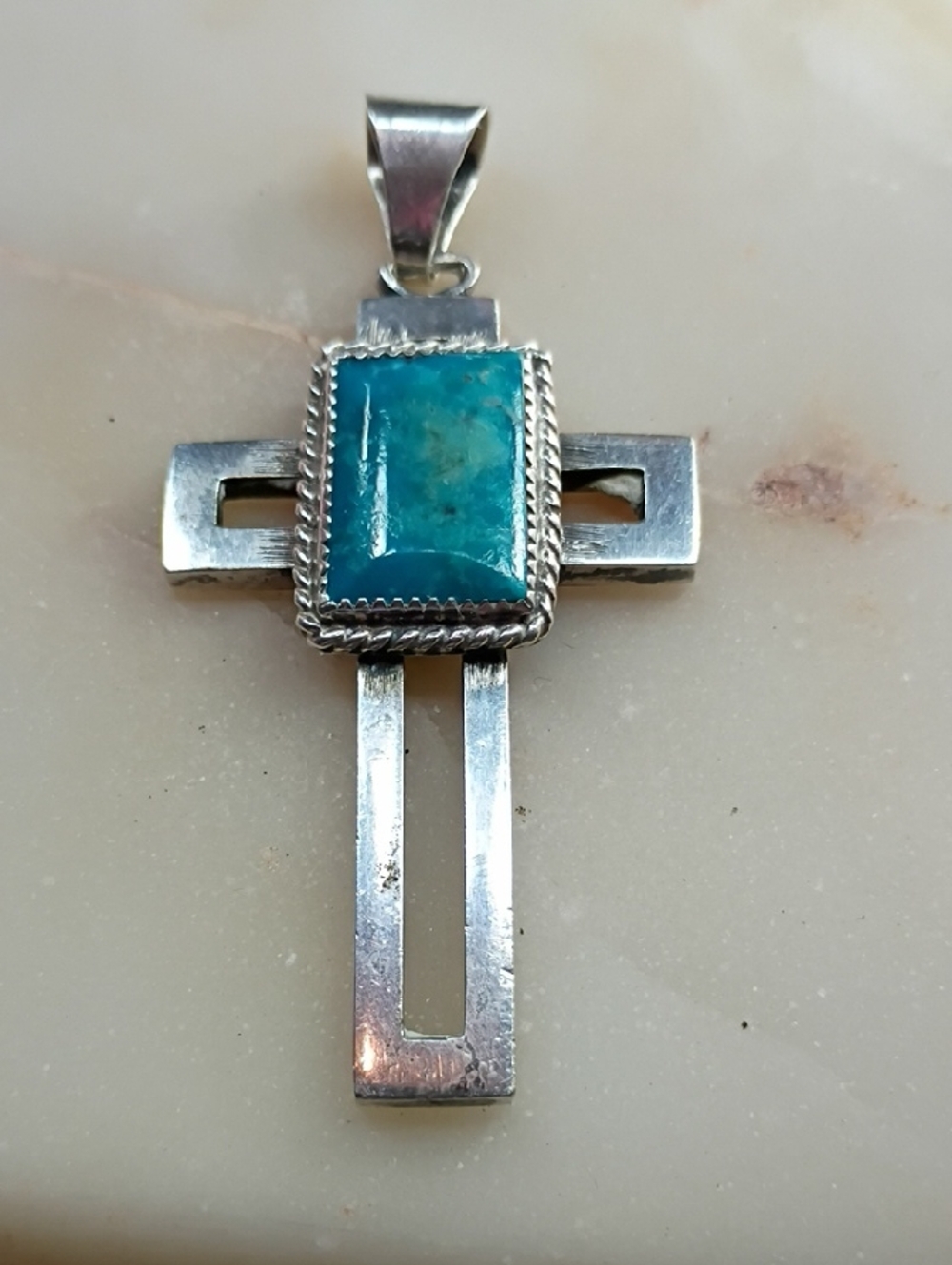 Sterling Silver Cross Pendant with Turquoise Accent - Blue Green